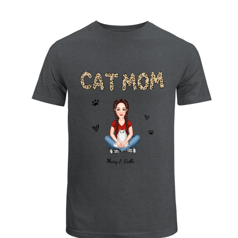 Cat Mom Pattern Real Woman Sitting With Fluffy Cat Personalized- - Unisex Heavy Cotton T-Shirt
