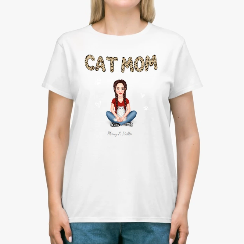 Cat Mom Pattern Real Woman Sitting With Fluffy Cat Personalized-White - Unisex Heavy Cotton T-Shirt