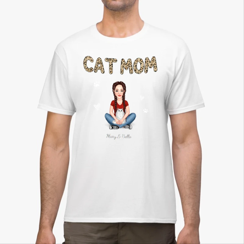 Cat Mom Pattern Real Woman Sitting With Fluffy Cat Personalized-White - Unisex Heavy Cotton T-Shirt