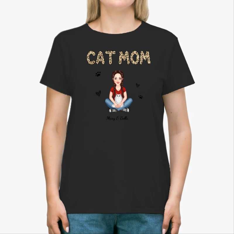 Cat Mom Pattern Real Woman Sitting With Fluffy Cat Personalized-Black - Unisex Heavy Cotton T-Shirt