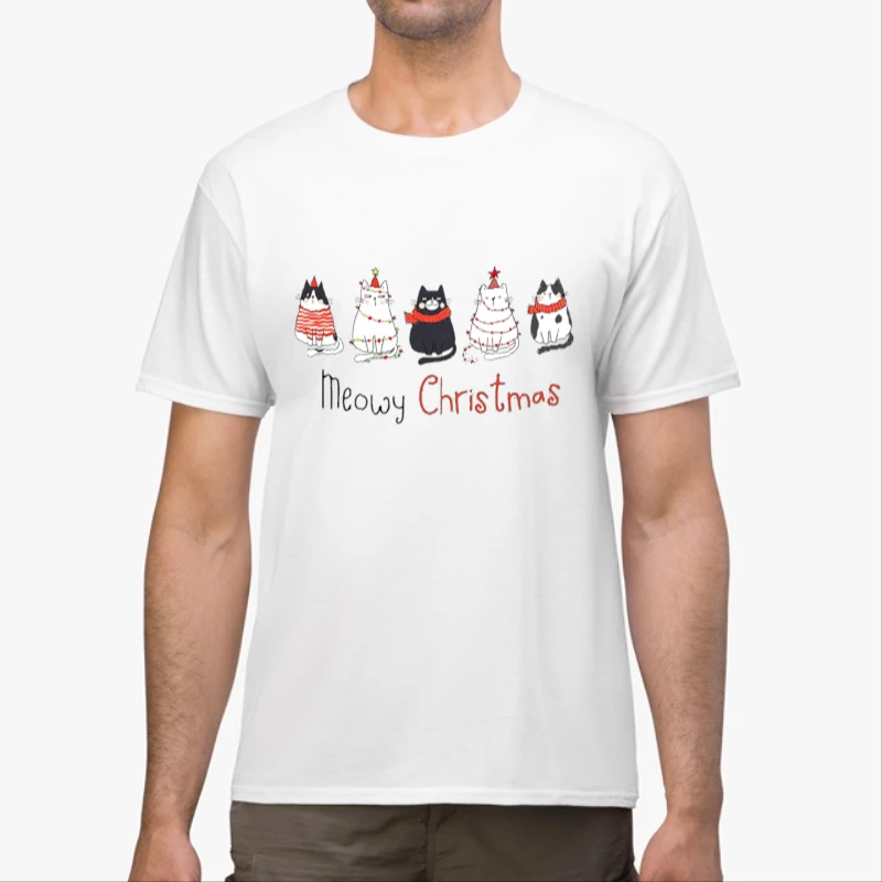 Meowy Christmas, Christmas Cat, Merry Christmas, Cat Lover, Christmas Gift, Christmas Gift For Cat Mom Gifts For Cat Lover-White - Unisex Heavy Cotton T-Shirt