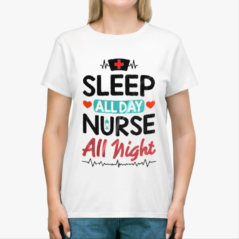 Nurse Clipart, Nursing RN Medical Worker Graphic, Sleep all day Nurse All night-White - Unisex Heavy Cotton T-Shirt