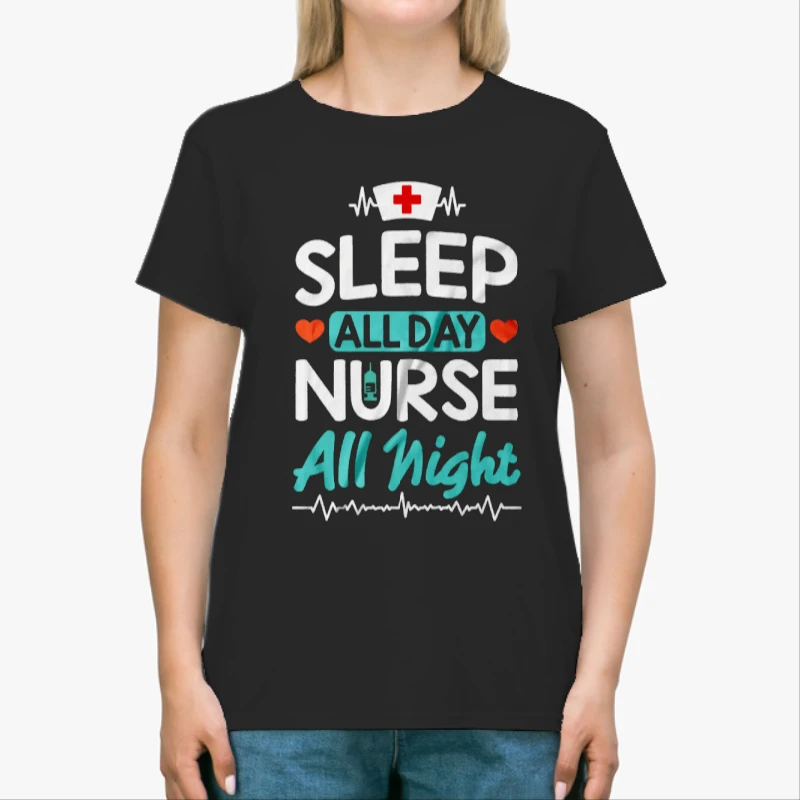 Nurse Clipart, Nursing RN Medical Worker Graphic, Sleep all day Nurse All night-Black - Unisex Heavy Cotton T-Shirt