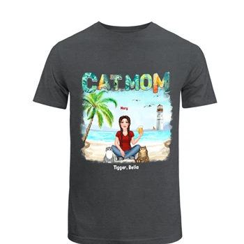 Woman Cat Mom Summer Beach Personalized Tee,  Cusomized Cat Mom Gift Unisex Heavy Cotton T-Shirt