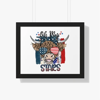 Oh My Stars Cow Shirt Framed Canvas, Highland Cow shirt Framed Poster, Highland Cow With 4th July Framed Canvas, American Flag Shirt Framed Poster, Fourth Of July Tee Framed Canvas,  Independence Day Framed Horizontal Poster
