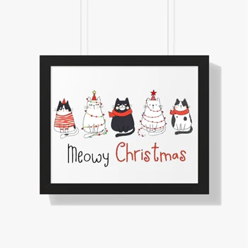 Meowy Christmas Framed Canvas, Christmas Cat Framed Poster, Merry Christmas Framed Canvas, Cat Lover Framed Poster, Christmas Gift Framed Canvas,  Christmas Gift For Cat Mom Gifts For Cat Lover Framed Horizontal Poster