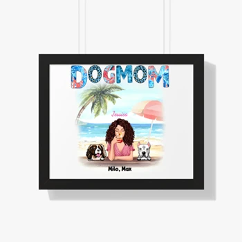 Personalized Dog mom in hot summer t shirt Framed Canvas, Customized Rest life in hot summer with sweet dogs Framed Horizontal Poster