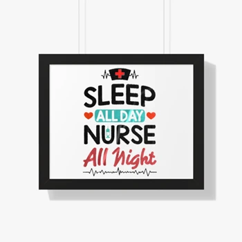 Nurse Clipart Framed Canvas, Nursing RN Medical Worker Graphic Framed Poster,  Sleep all day Nurse All night Framed Horizontal Poster