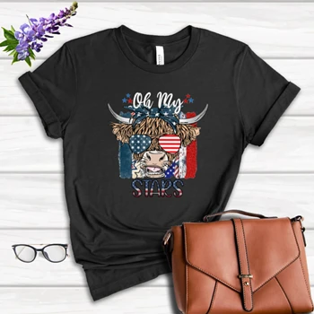 Oh My Stars Cow Shirt Tee, Highland Cow shirt T-shirt, Highland Cow With 4th July Shirt, American Flag Shirt Tee, Fourth Of July Tee T-shirt,  Independence Day Women's Favorite Fashion Cotton T-Shirt