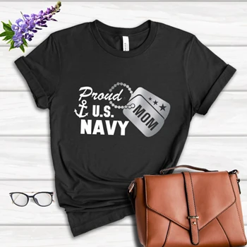 Proud US Navy Mom Tee, Metallic Silver Military Dog Tag clipart Women's Favorite Fashion Cotton T-Shirt