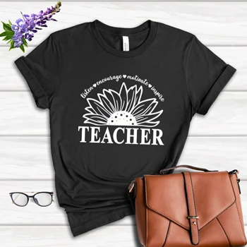 Teacher Sunflower Tee, Teach Encourage Motivate Inspire T-shirt, Teacher Life Shirt, School Tee, Back To School T-shirt, School Teacher Gift Women's Favorite Fashion Cotton T-Shirt
