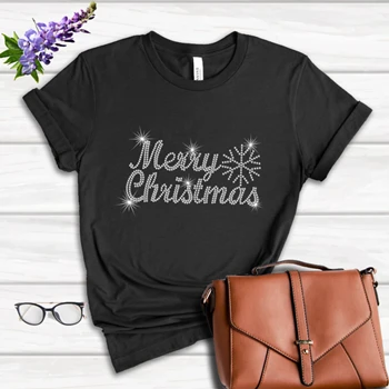 MERRY CHRISTMAS Tee, crystal rhinestone design T-shirt,  Ladies fitted XMAS clipart Women's Favorite Fashion Cotton T-Shirt