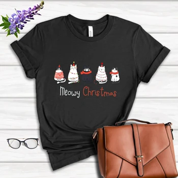 Meowy Christmas Tee, Christmas Cat T-shirt, Merry Christmas Shirt, Cat Lover Tee, Christmas Gift T-shirt,  Christmas Gift For Cat Mom Gifts For Cat Lover Women's Favorite Fashion Cotton T-Shirt