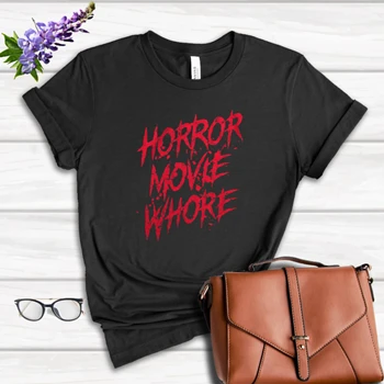 Mens Horror Movie Whore Tee,   Funny Sarcastic Scary Movie Lovers Graphic Women's Favorite Fashion Cotton T-Shirt