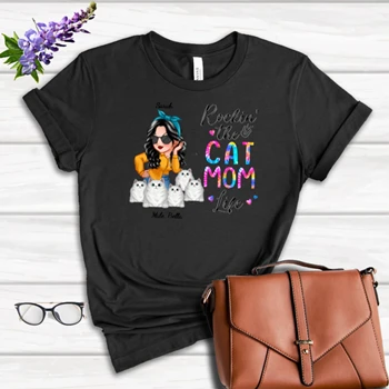 Customized Rocking The Cat Mom Tee, Funny Personalized Design Cat Mom T-shirt,  Love Cat Design Women's Favorite Fashion Cotton T-Shirt