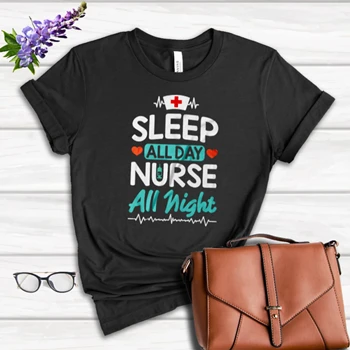 Nurse Clipart Tee, Nursing RN Medical Worker Graphic T-shirt,  Sleep all day Nurse All night Women's Favorite Fashion Cotton T-Shirt