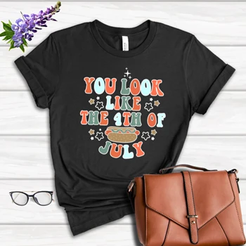 You Look Like the 4th of July Clipart Tee, Funny Fourth of July Graphic T-shirt, 4th July Hot Dog Shirt,  Independence Day Design Women's Favorite Fashion Cotton T-Shirt