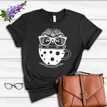 Hedgehog Tea Cup Tee, Coffee Glasses T-shirt, Nerd Day School Shirt, Design Tee, Cute Porcupine T-shirt, Animal Lover Shirt,  Pet Gift Women's Favorite Fashion Cotton T-Shirt