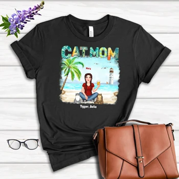 Woman Cat Mom Summer Beach Personalized Tee,  Cusomized Cat Mom Gift Women's Favorite Fashion Cotton T-Shirt