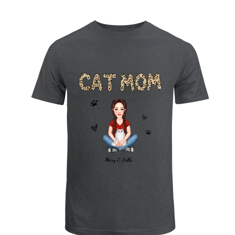Cat Mom Pattern Real Woman Sitting With Fluffy Cat Personalized- - Men's Fashion Cotton Crew T-Shirt