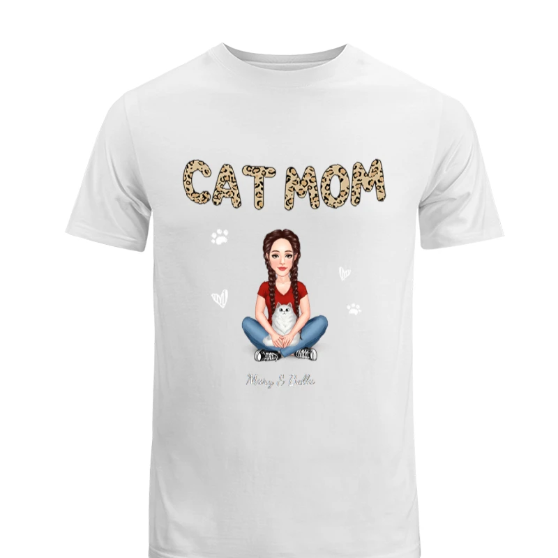 Cat Mom Pattern Real Woman Sitting With Fluffy Cat Personalized-White - Men's Fashion Cotton Crew T-Shirt