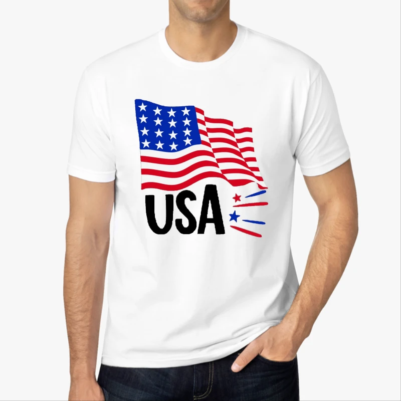 USA Flag Memorial Day, Freedom USA, Independence Day, 4th Of July, American Flag, Red Blue White, USA, America-White - Men's Fashion Cotton Crew T-Shirt