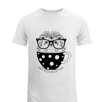 Hedgehog Tea Cup Tee, Coffee Glasses T-shirt, Nerd Day School shirt, Design tshirt, Cute Porcupine Tee, Animal Lover T-shirt,  Pet Gift Men's Fashion Cotton Crew T-Shirt