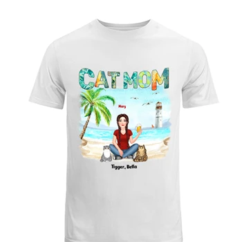Woman Cat Mom Summer Beach Personalized Tee,  Cusomized Cat Mom Gift Men's Fashion Cotton Crew T-Shirt