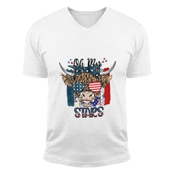 Oh My Stars Cow Shirt Tee, Highland Cow shirt T-shirt, Highland Cow With 4th July Shirt, American Flag Shirt Tee, Fourth Of July Tee T-shirt,  Independence Day Unisex Fashion Short Sleeve V-Neck T-Shirt