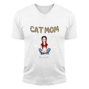 Cat Mom Pattern Real Woman Sitting With Fluffy Cat Personalized Unisex Fashion Short Sleeve V-Neck T-Shirt