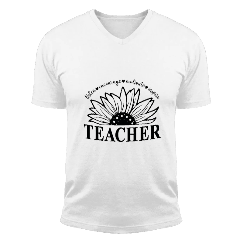 Teacher Sunflower,Teach Encourage Motivate Inspire,Teacher Life,School,Back To School,School Teacher Gift-White - Unisex Fashion Short Sleeve V-Neck T-Shirt