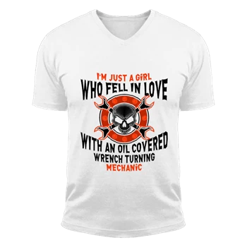 Machenic girl Tee, Just a Girl Who Fell in Love T-shirt, Fell in Love with Mechanic Shirt,  Nice gift for machanic's wife or girlfriend Unisex Fashion Short Sleeve V-Neck T-Shirt