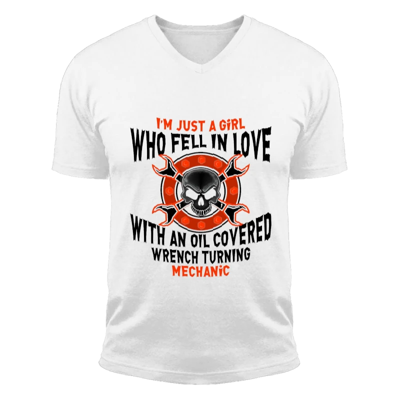 Machenic girl,Just a Girl Who Fell in Love, Fell in Love with Mechanic, Nice gift for machanic's wife or girlfriend-White - Unisex Fashion Short Sleeve V-Neck T-Shirt