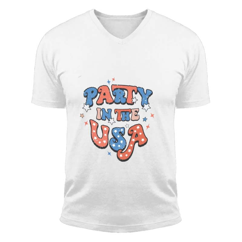 Retro Party in the USA, Party In The USA, 4th of July, Independence Day, USA Patriotic Tee, 4th of July Party-White - Unisex Fashion Short Sleeve V-Neck T-Shirt
