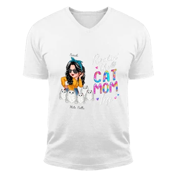 Customized Rocking The Cat Mom Tee, Funny Personalized Design Cat Mom T-shirt,  Love Cat Design Unisex Fashion Short Sleeve V-Neck T-Shirt
