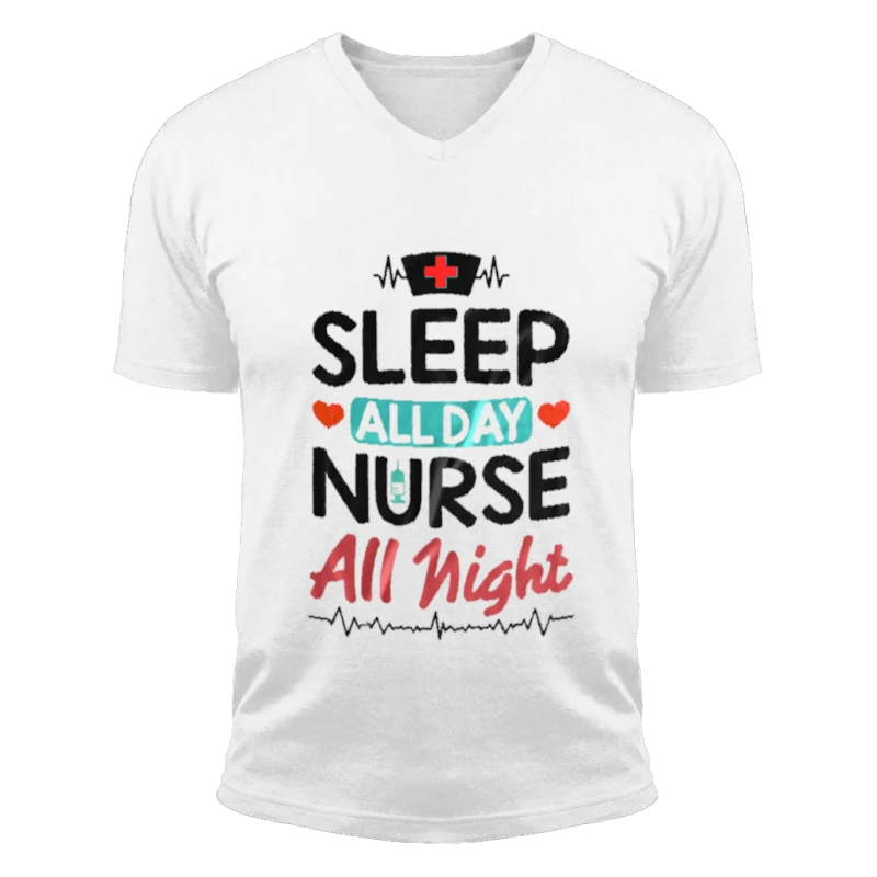 Nurse Clipart, Nursing RN Medical Worker Graphic, Sleep all day Nurse All night-White - Unisex Fashion Short Sleeve V-Neck T-Shirt