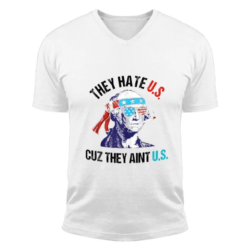 4th Of July Design, Independence Day Clipart, 4th Of July Gift, They Hate Us Cuz They Ain't Us Funny 4th Of July Party Design-White - Unisex Fashion Short Sleeve V-Neck T-Shirt