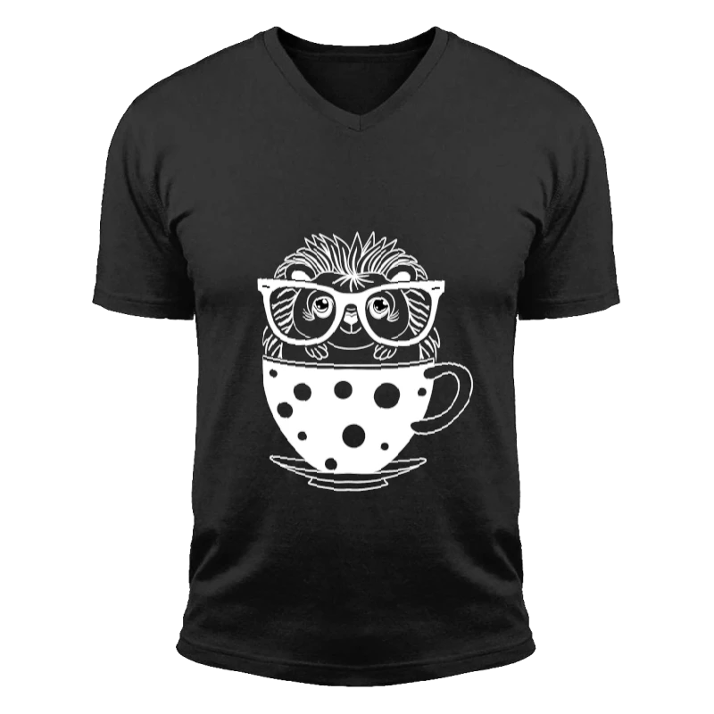 Hedgehog Tea Cup, Coffee Glasses, Nerd Day School, Design, Cute Porcupine, Animal Lover, Pet Gift- - Unisex Fashion Short Sleeve V-Neck T-Shirt