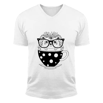 Hedgehog Tea Cup Tee, Coffee Glasses T-shirt, Nerd Day School Shirt, Design Tee, Cute Porcupine T-shirt, Animal Lover Shirt,  Pet Gift Unisex Fashion Short Sleeve V-Neck T-Shirt