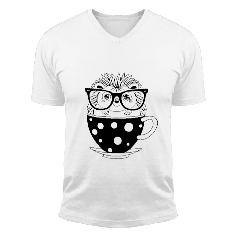 Hedgehog Tea Cup, Coffee Glasses, Nerd Day School, Design, Cute Porcupine, Animal Lover, Pet Gift-White - Unisex Fashion Short Sleeve V-Neck T-Shirt