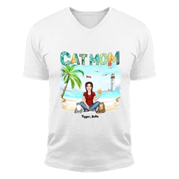 Woman Cat Mom Summer Beach Personalized Tee,  Cusomized Cat Mom Gift Unisex Fashion Short Sleeve V-Neck T-Shirt