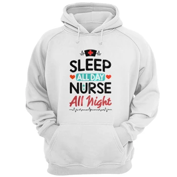 Nurse Clipart Tee, Nursing RN Medical Worker Graphic T-shirt,  Sleep all day Nurse All night Unisex Heavy Blend Hooded Sweatshirt