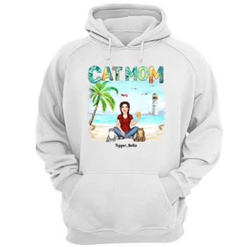 Woman Cat Mom Summer Beach Personalized Tee,  Cusomized Cat Mom Gift Unisex Heavy Blend Hooded Sweatshirt