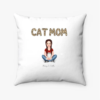 Cat Mom Pattern Real Woman Sitting With Fluffy Cat Personalized Spun Polyester Square Pillow