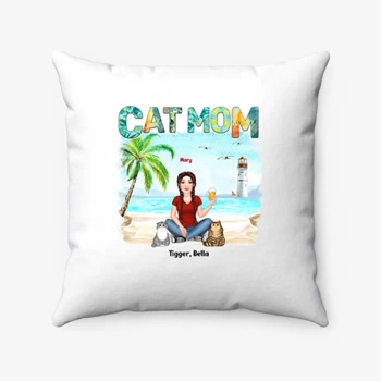 Woman Cat Mom Summer Beach Personalized, Cusomized Cat Mom Gift Pillows