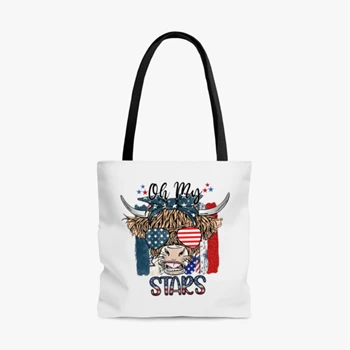 Oh My Stars Cow Shirt Bag, Highland Cow shirt Tole Bag, Highland Cow With 4th July Handbag, American Flag Shirt Bag, Fourth Of July Tee Tole Bag,  Independence Day AOP Tote Bag