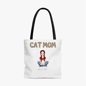 Cat Mom Pattern Real Woman Sitting With Fluffy Cat Personalized AOP Tote Bag