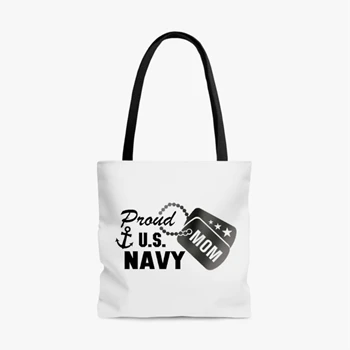 Proud US Navy Mom Bag, Metallic Silver Military Dog Tag clipart AOP Tote Bag