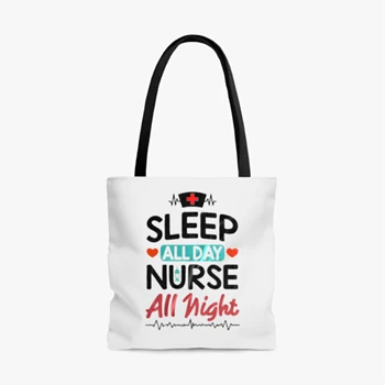 Nurse Clipart Bag, Nursing RN Medical Worker Graphic Tole Bag,  Sleep all day Nurse All night AOP Tote Bag