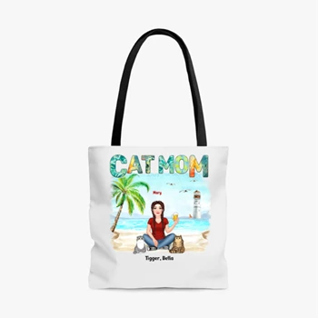 Woman Cat Mom Summer Beach Personalized Bag,  Cusomized Cat Mom Gift AOP Tote Bag